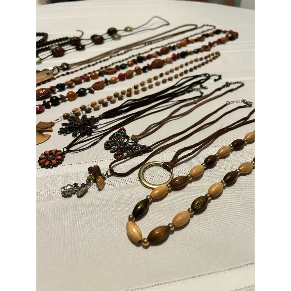 Vintage Nature Mixed Lot 16Pc Wood Leather Seed Bead Necklace Bracelet Lot
